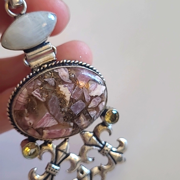 925 Silver Rhodochrosite, Citrine, and Moonstone Pendant - Picture 3 of 7